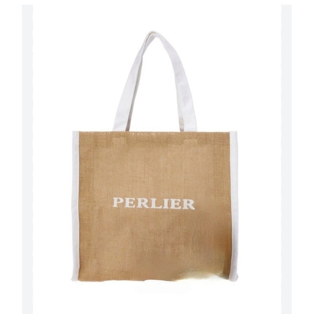 Perlier Burlap And White Tote‎ Bag Unisex Brown White Handbag